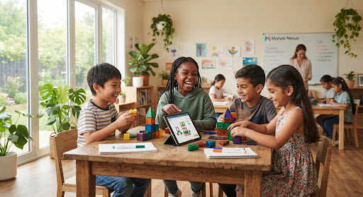 A group of diverse, happy children sitting together in a modern, brightly lit classroom.