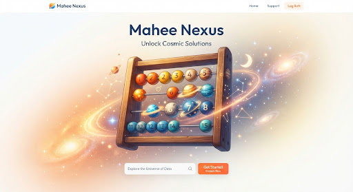 An artistic representation of an abacus with colorful wooden beads floating in a space-themed background.