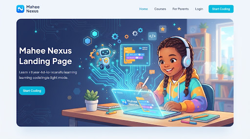 A vibrant digital illustration of a child coding on a futuristic tablet.