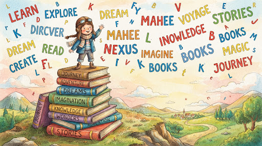 A whimsical illustration of a young girl wearing a pilot hat and goggles, standing on a stack of giant books.