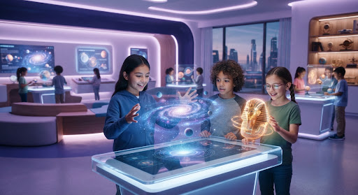 A futuristic and imaginative classroom setting where children interact with holographic 3D models.