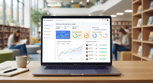 A clean, high-end professional dashboard UI showing colorful charts and student avatars.